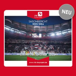 Deckblatt Jahresbericht VfB Fanprojekt 2023 / 2024. Weiß-rote Cannstatter Kurve während eines Abendspiels. Foto vom 16er aus geschossen.